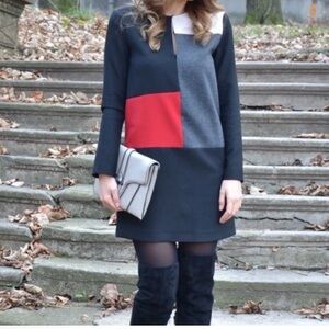 Zara Black, Red, Gray, and Cream Long Sleeve Dress